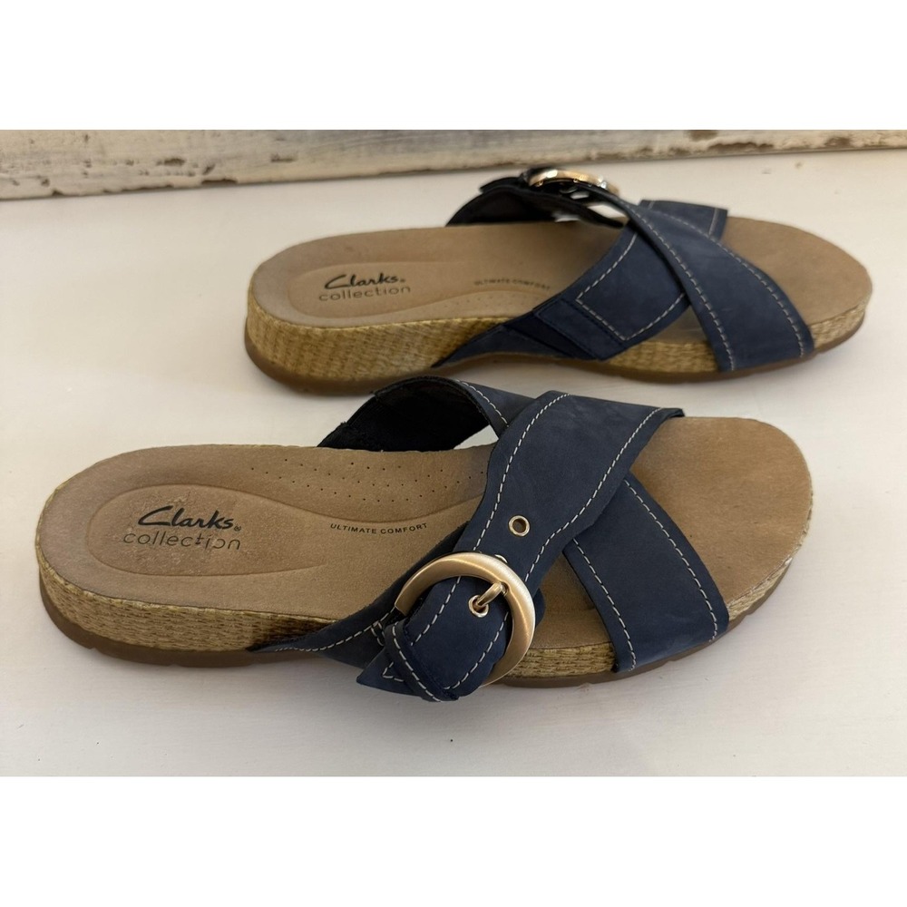 Clarks Collection Sandals Womens Blue Slip On Buckle Wedge Comfort Shoes Size 10 - Picture 1 of 5